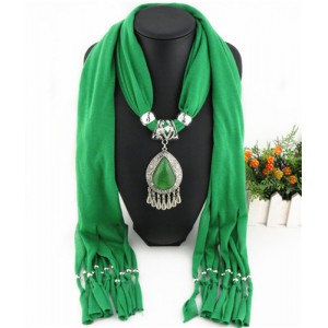 Ethnic Style Waterdrop Pendant Tassel Fashion Scarf Necklace - Green