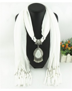 Ethnic Style Waterdrop Pendant Tassel Fashion Scarf Necklace - White