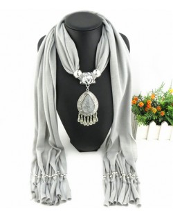 Ethnic Style Waterdrop Pendant Tassel Fashion Scarf Necklace - Gray