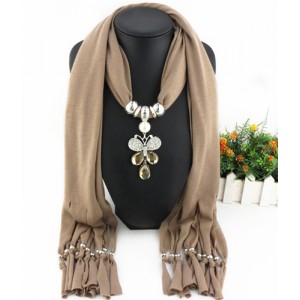 Butterfly Gem Pendant Tassel Fashion Scarf Necklace - Brown