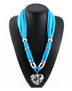 Hollow Floral Design Heart Pendant Fashion Scarf Necklace - Sky Blue