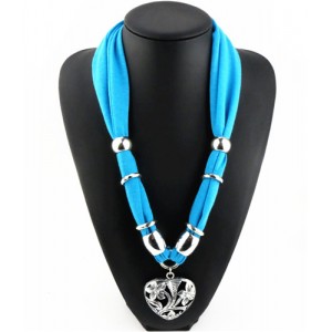 Hollow Floral Design Heart Pendant Fashion Scarf Necklace - Sky Blue