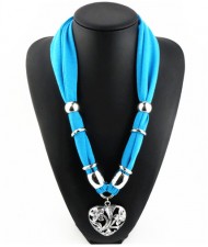 Hollow Floral Design Heart Pendant Fashion Scarf Necklace - Sky Blue