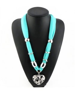 Hollow Floral Design Heart Pendant Fashion Scarf Necklace - Light Blue