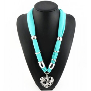 Hollow Floral Design Heart Pendant Fashion Scarf Necklace - Light Blue