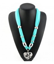 Hollow Floral Design Heart Pendant Fashion Scarf Necklace - Light Blue