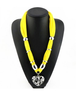 Hollow Floral Design Heart Pendant Fashion Scarf Necklace - Yellow