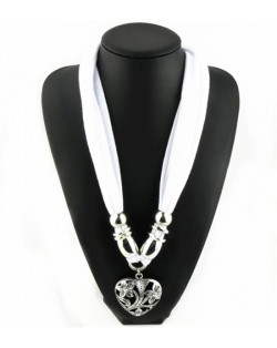 Hollow Floral Design Heart Pendant Fashion Scarf Necklace - White