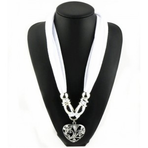 Hollow Floral Design Heart Pendant Fashion Scarf Necklace - White