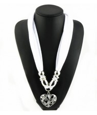 Hollow Floral Design Heart Pendant Fashion Scarf Necklace - White