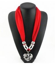Hollow Floral Design Heart Pendant Fashion Scarf Necklace - Red