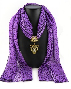 Wild Leopard Head Pendant Leopard Prints Fashion Scarf Necklace - Purple