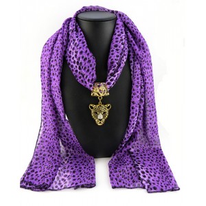Wild Leopard Head Pendant Leopard Prints Fashion Scarf Necklace - Purple