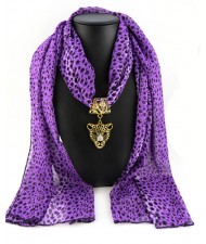 Wild Leopard Head Pendant Leopard Prints Fashion Scarf Necklace - Purple