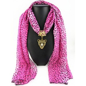 Wild Leopard Head Pendant Leopard Prints Fashion Scarf Necklace - Fuchsia