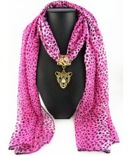 Wild Leopard Head Pendant Leopard Prints Fashion Scarf Necklace - Fuchsia
