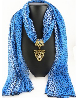Wild Leopard Head Pendant Leopard Prints Fashion Scarf Necklace - Blue