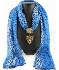 Wild Leopard Head Pendant Leopard Prints Fashion Scarf Necklace - Blue
