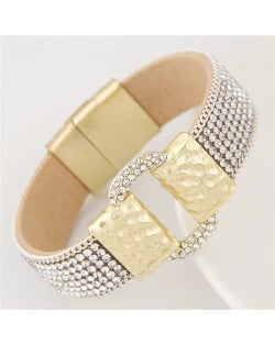 Rhinestones All-over Coarse Buckle Design Magnetic Lock Fashion Bangle - White