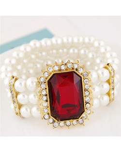 Oblong Ruby Gem Inlaid with Triple Layers Pearl Fashion Elastic Bracelet