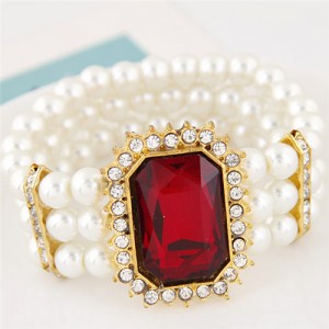 Oblong Ruby Gem Inlaid with Triple Layers Pearl Fashion Elastic Bracelet