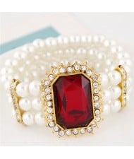 Oblong Ruby Gem Inlaid with Triple Layers Pearl Fashion Elastic Bracelet