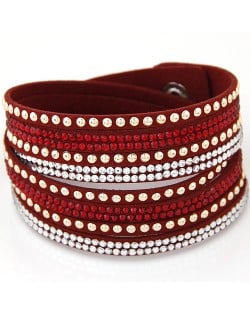 Rhinestone and Alloy Studs Embellished Multi-layer Leather Fashion Bracelet - Red