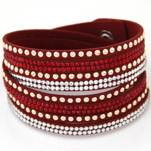 Rhinestone and Alloy Studs Embellished Multi-layer Leather Fashion Bracelet - Red