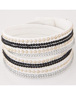 Rhinestone and Alloy Studs Embellished Multi-layer Leather Fashion Bracelet - White