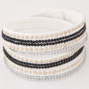 Rhinestone and Alloy Studs Embellished Multi-layer Leather Fashion Bracelet - White