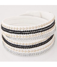 Rhinestone and Alloy Studs Embellished Multi-layer Leather Fashion Bracelet - White
