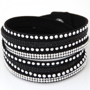 Rhinestone and Alloy Studs Embellished Multi-layer Leather Fashion Bracelet - Black