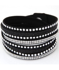 Rhinestone and Alloy Studs Embellished Multi-layer Leather Fashion Bracelet - Black