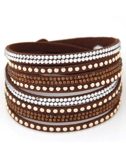 Rhinestone and Alloy Studs Embellished Multi-layer Leather Fashion Bracelet - Brown