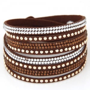 Rhinestone and Alloy Studs Embellished Multi-layer Leather Fashion Bracelet - Brown