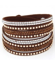 Rhinestone and Alloy Studs Embellished Multi-layer Leather Fashion Bracelet - Brown