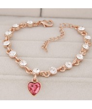 Korean Fashion Czech Rhinestone Embellished Peach Heart Pendant Design Bracelet