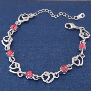 Rhinestone Inlaid Twin Hearts Theme Design Alloy Fashion Bracelet - Pink