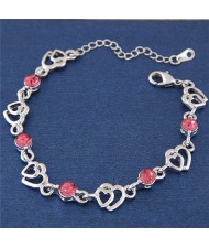 Rhinestone Inlaid Twin Hearts Theme Design Alloy Fashion Bracelet - Pink