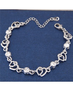 Rhinestone Inlaid Twin Hearts Theme Design Alloy Fashion Bracelet - White