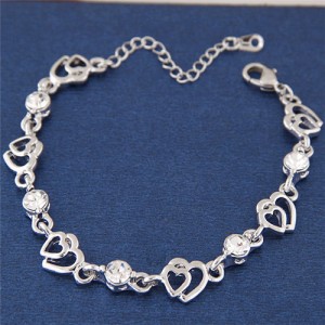 Rhinestone Inlaid Twin Hearts Theme Design Alloy Fashion Bracelet - White