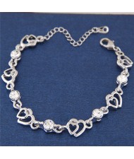 Rhinestone Inlaid Twin Hearts Theme Design Alloy Fashion Bracelet - White