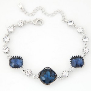 Triple Square Czech Rhinestone Embellished Shining Fashion Bracelet - Silver