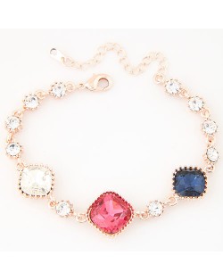 Triple Square Czech Rhinestone Embellished Shining Fashion Bracelet - Golden