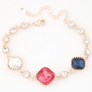 Triple Square Czech Rhinestone Embellished Shining Fashion Bracelet - Golden