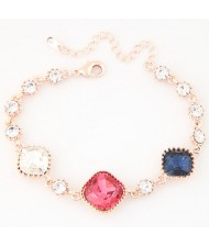 Triple Square Czech Rhinestone Embellished Shining Fashion Bracelet - Golden