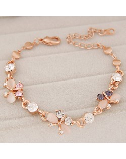 Czech Rhinestone and Opal Embellished Butterflies Golden Alloy Fashion Bracelet