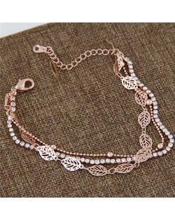 Multi-layers Rhinestone Inlaid and Hollow Leaves Chains Design Fashion Bracelet