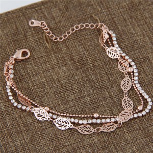 Multi-layers Rhinestone Inlaid and Hollow Leaves Chains Design Fashion Bracelet