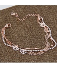 Multi-layers Rhinestone Inlaid and Hollow Leaves Chains Design Fashion Bracelet